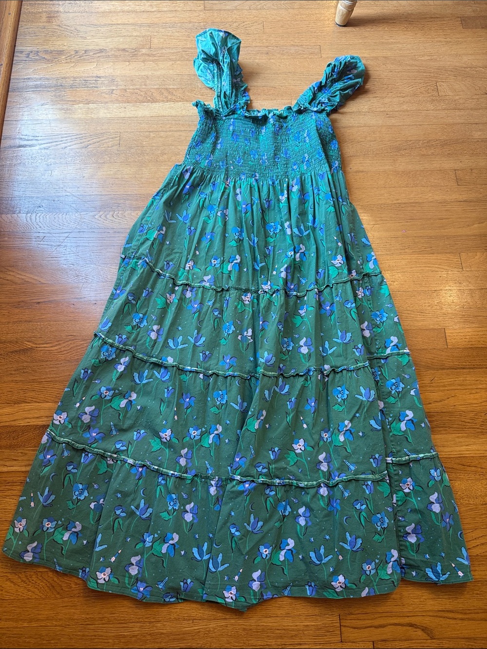 Green Floral Tiered Midi Dress with Smocked Bodice